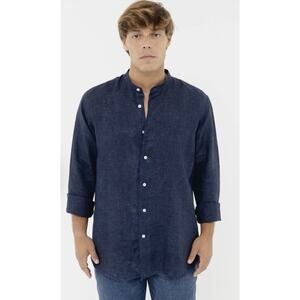 Santoli Napoli Linen Blue Long Sleeve Shirt L Mandarin Collar Italy Preppy